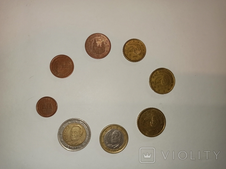 Набор монет евро 1 цент-2 евро 8 монет Испания первый выпуск 1999-2006 кстарая карта, фото №2