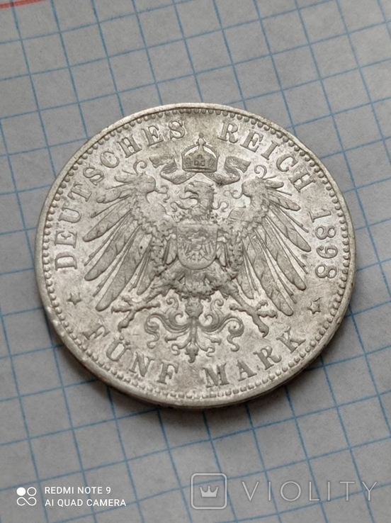 Саксония 5 марок 1898 год E, Альберт х9л3, фото №3
