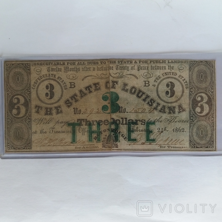 Три доллара США, Луизиана, 1862 год, фото №2