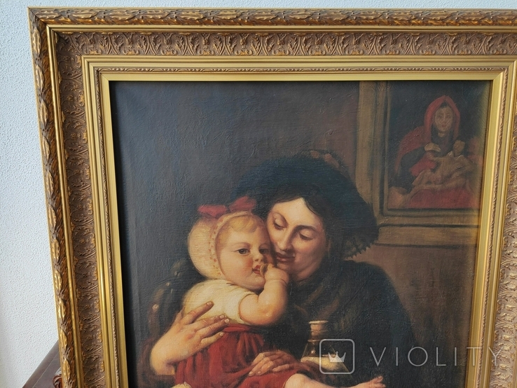 Старинная картина "Дама с ребенком" масло,холст,подпись., фото №6