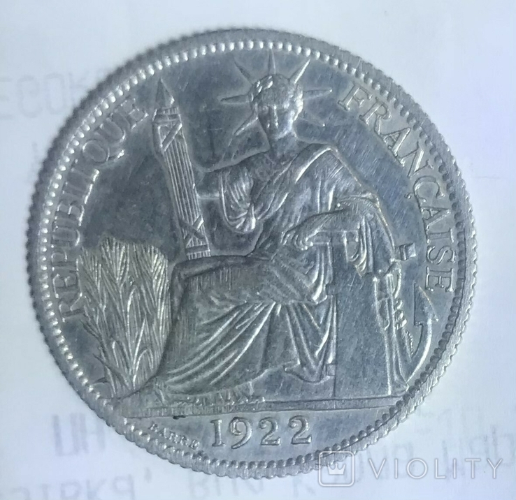 Індокитайська монета 20 центів 1922 року, фото №2