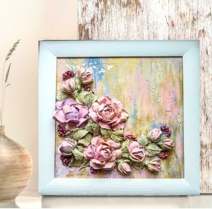 Обьемная картина в деревянной раме "розовый букет с ягодами" скульптурная живопись, фото №2