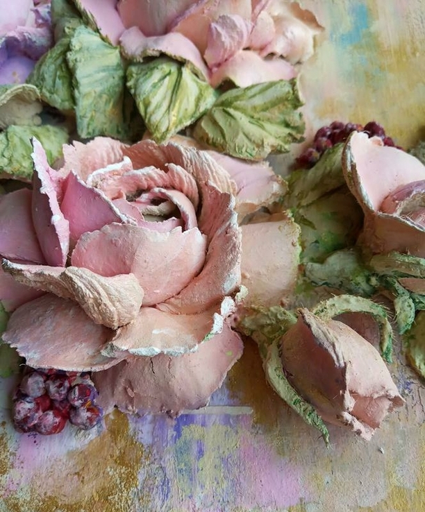 Обьемная картина в деревянной раме "розовый букет с ягодами" скульптурная живопись, фото №7