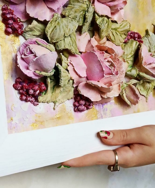 Обьемная картина в деревянной раме "розовый букет с ягодами" скульптурная живопись, фото №9