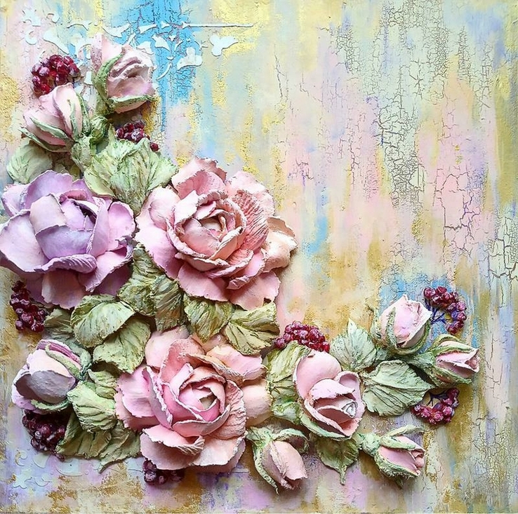 Обьемная картина в деревянной раме "розовый букет с ягодами" скульптурная живопись, фото №11