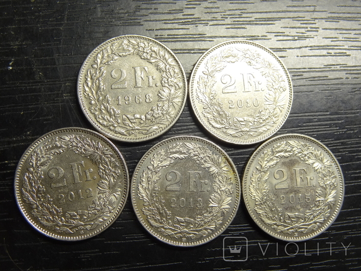 2 франка Швейцарія (порічниця з 1968р) 5шт, всі різні, фото №2