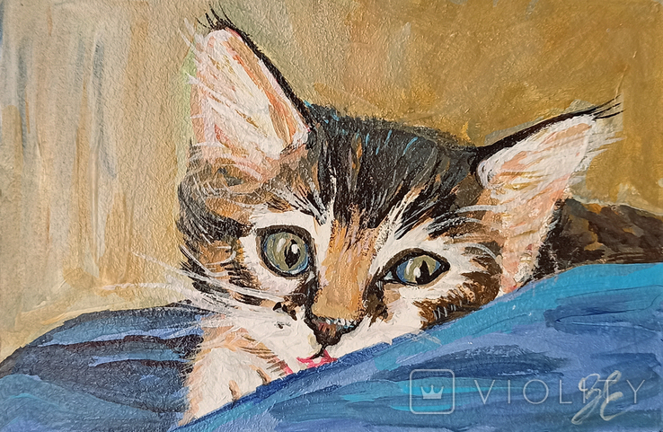 "Котик" картина акрилом на двп 10х15 см, фото №2