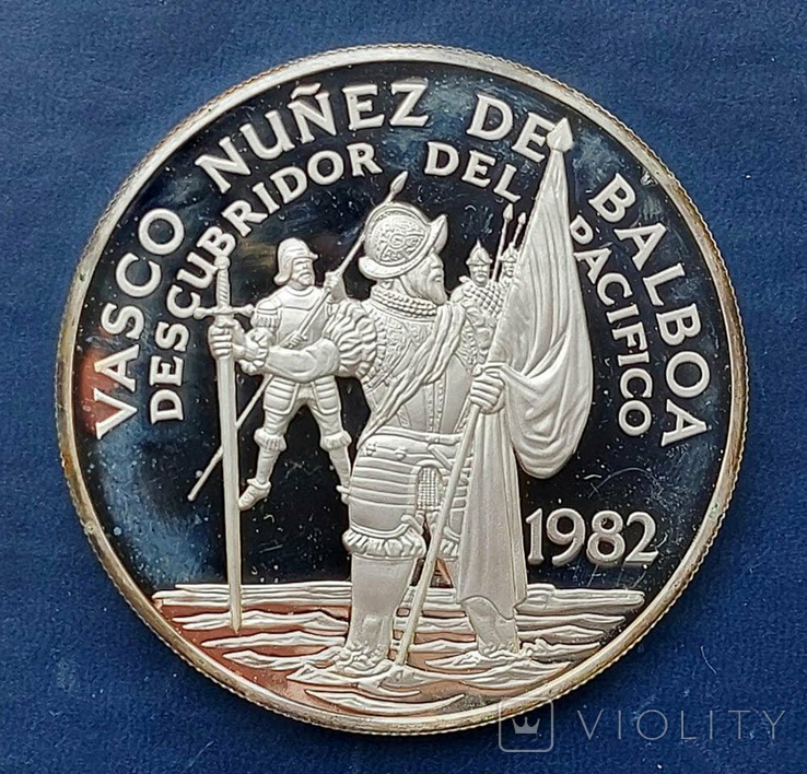 Серебряная монета 20 бальбоа, Панама 1982 г. "Васко Нуньес де Бальбоа", фото №2