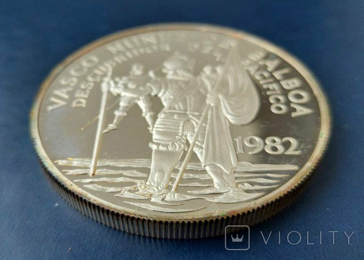 Серебряная монета 20 бальбоа, Панама 1982 г. "Васко Нуньес де Бальбоа", фото №4