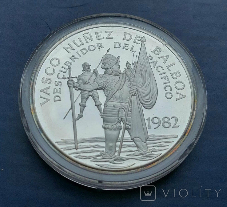 Серебряная монета 20 бальбоа, Панама 1982 г. "Васко Нуньес де Бальбоа", фото №6