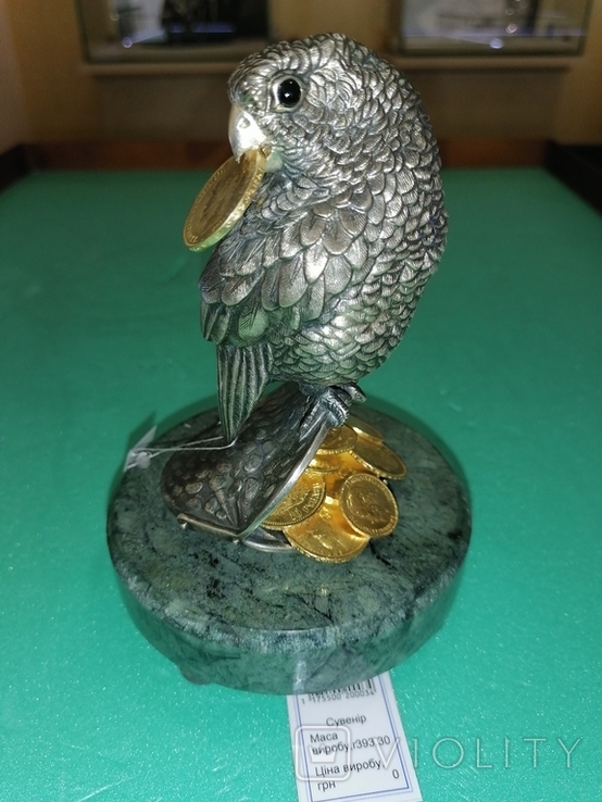 Серебряная фигура ручной работы "Попугай на кошельке с монетами", фото №2