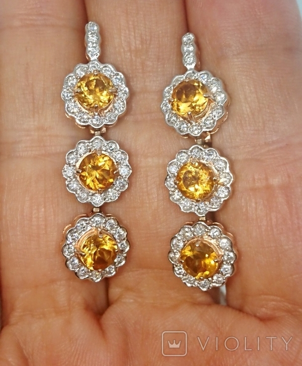 Серьги длинные Золото Бриллиант діамант 0,76Ct Цитрин 3Ct, фото №8