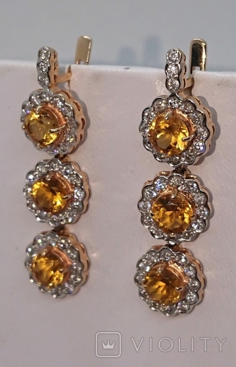 Серьги длинные Золото Бриллиант діамант 0,76Ct Цитрин 3Ct, фото №12