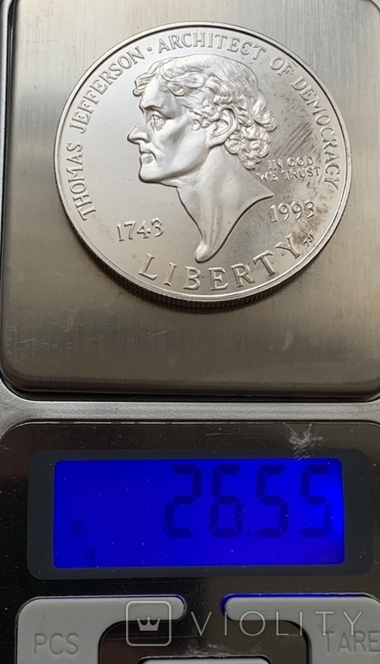 Монета 1 доллар 1993 года. 250-летие Томаса Джефферсона. Серебро 900, вес 26,55 грамм, фото №4