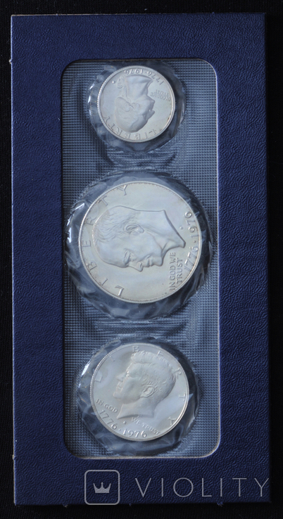 Набор 1 Доллар, 50 и 25 Центов 1976 S, США в Блистере, фото №3