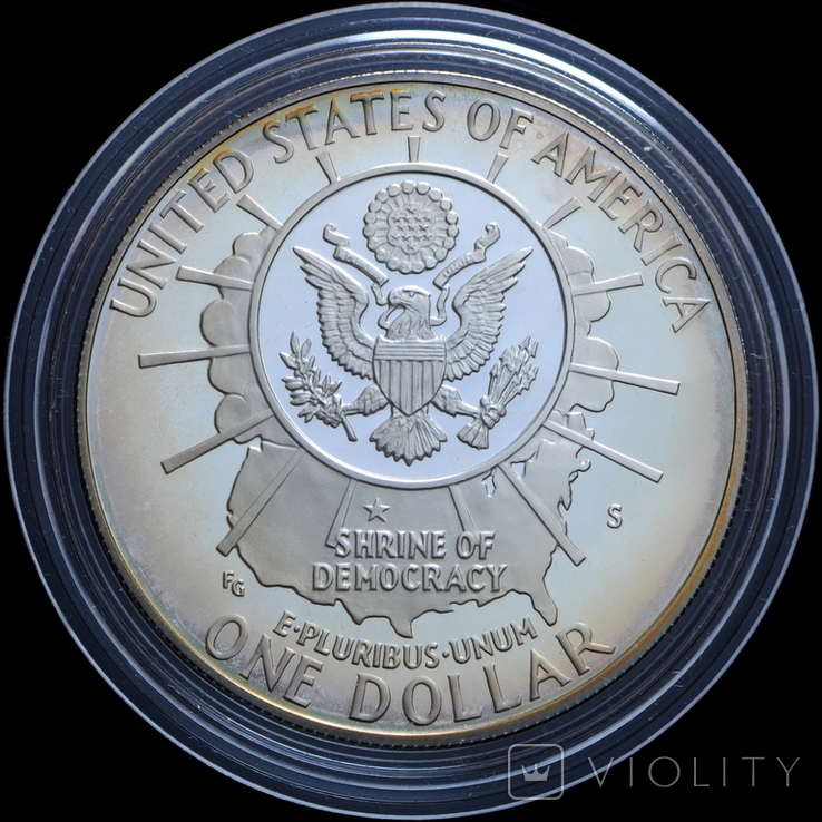 1 Доллар 1991 50 лет Национальному мемориалу Рашмор (Серебро 0.900, 26.73г), США в Коробке, photo number 3