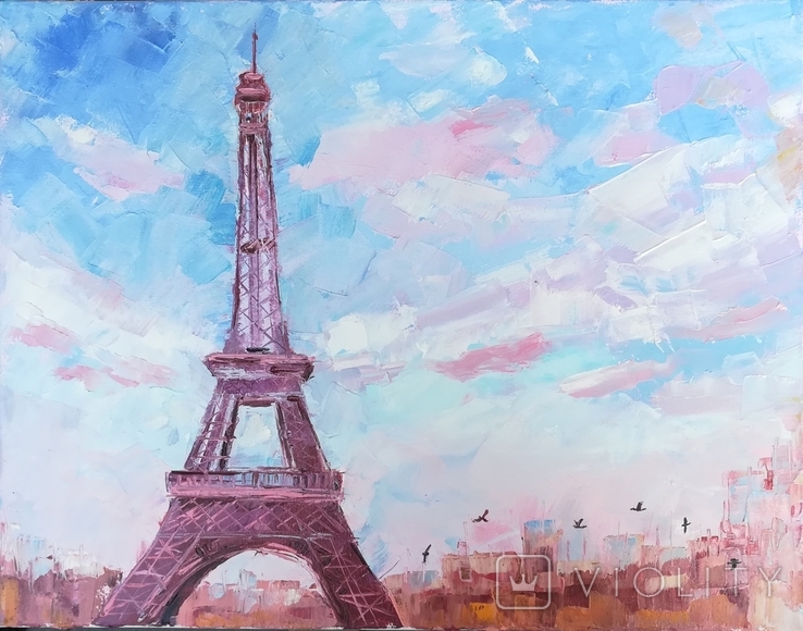 Мастихиновая живопись, "Небо Парижа", картина маслом на холсте с подрамником 35х45, фото №2
