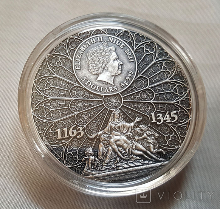 Тираж 500 Нотр-Дам де Пари 2 унции 2021 Ниуэ серебро антик / Германия, фото №6