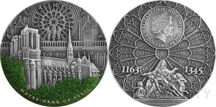 Тираж 500 Нотр-Дам де Пари 2 унции 2021 Ниуэ серебро антик / Германия, фото №12