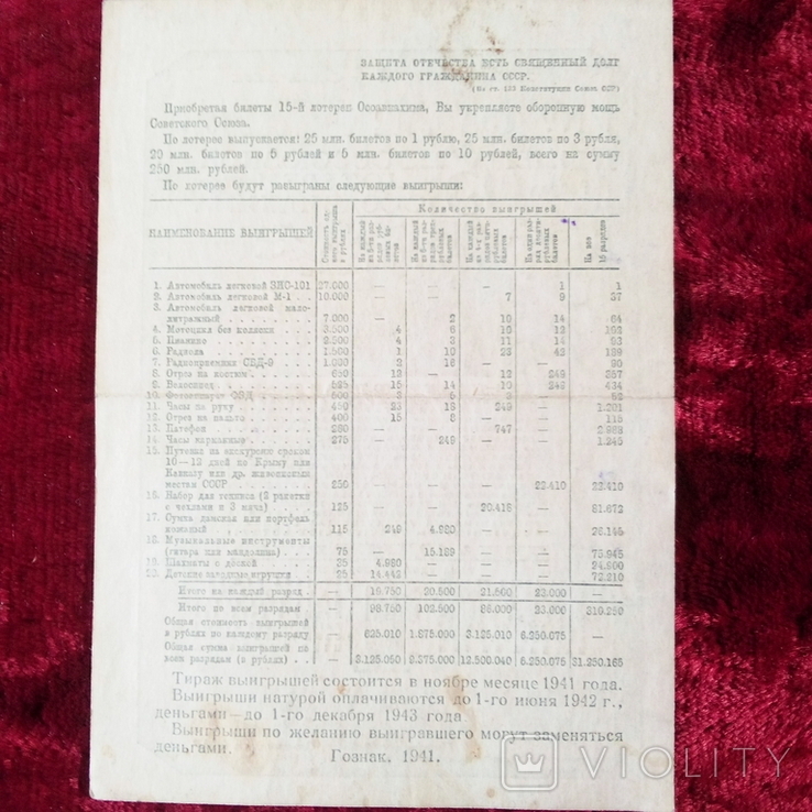 1941 год Билет Всесоюзной лотереи ОСОАВИАХИМА ( редкая), фото №3