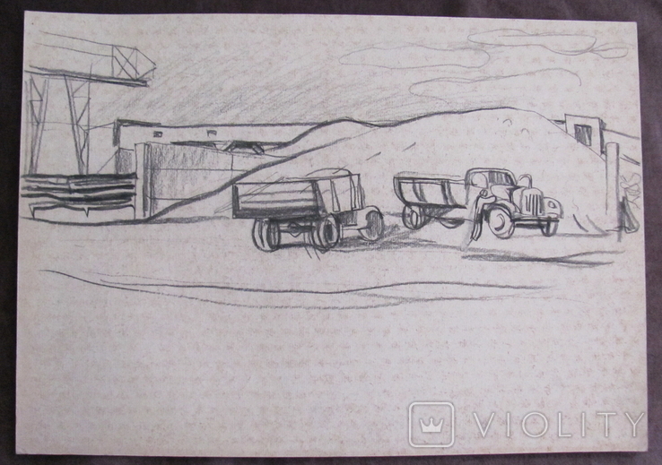 Соцреализм. Рисунок с натуры. Колхоз, элеватор, карандаш, 1970-е, фото №4