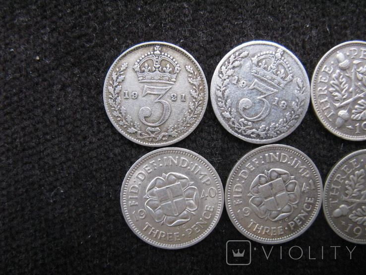 Порічниця (погодовка) Британських трьохпенсовиків. 8 монет у лоті (див. опис), фото №6