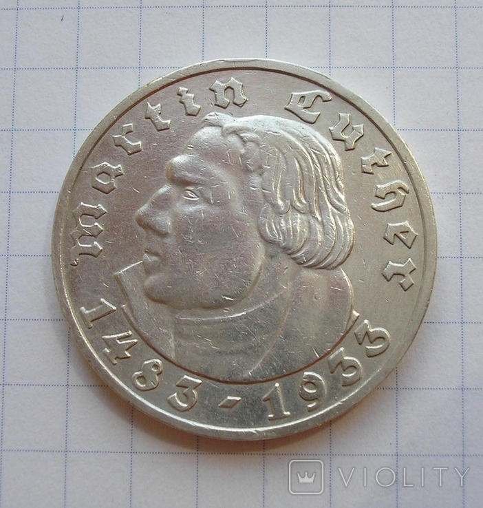 5 марок 1933 г.Лютер, фото №2