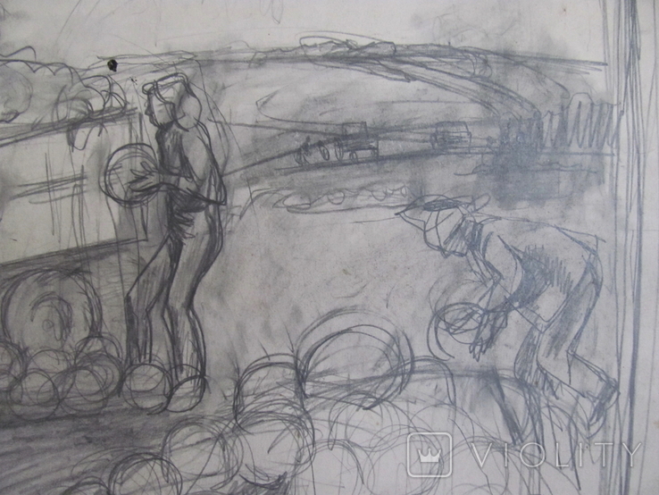 Соцреализм. Рисунок с натуры. Колхоз, уборка арбузов, карандаш, 1970-е, фото №6