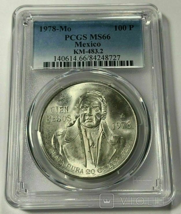 100 песо 1978 года. Мексика. Серебро, в слабе PCGS MS-66