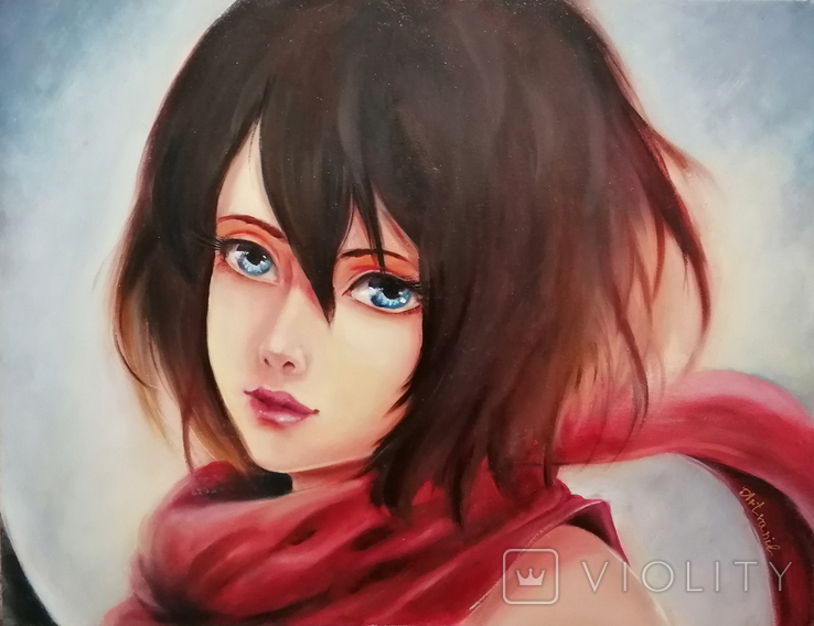 Картина "Девушка с красным шарфом", 65х50, фэнтези, аниме, портрет. Копия