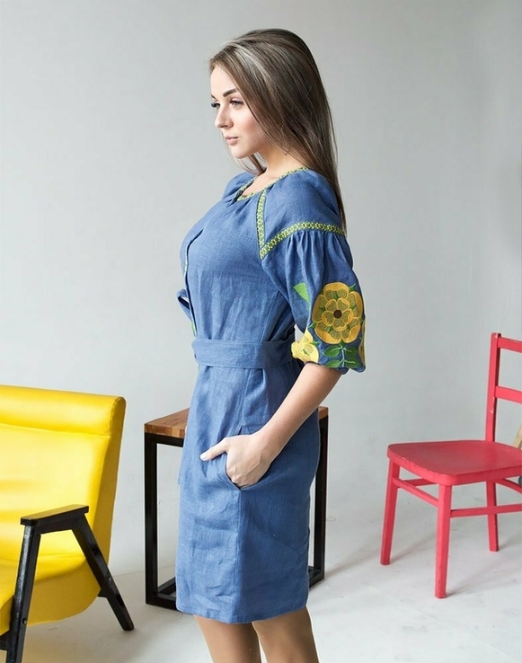 Сукня жіноча Жовта квітка льон синій джинс, фото №3