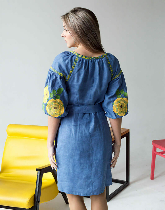 Сукня жіноча Жовта квітка льон синій джинс, фото №4