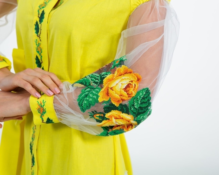 Сукня вишита жіноча лляна Троянди, льон жовтий, фото №7