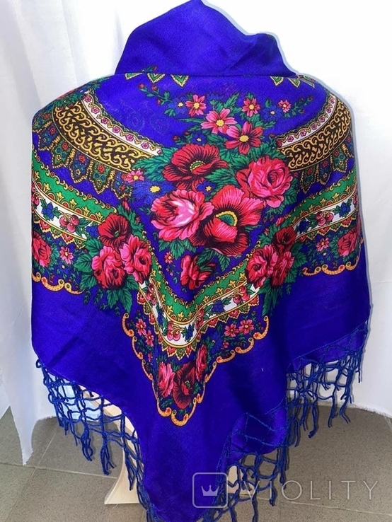 Shawl / Khustka. Color: Blue with Multicolored Pattern. New Ukraine., photo number 3