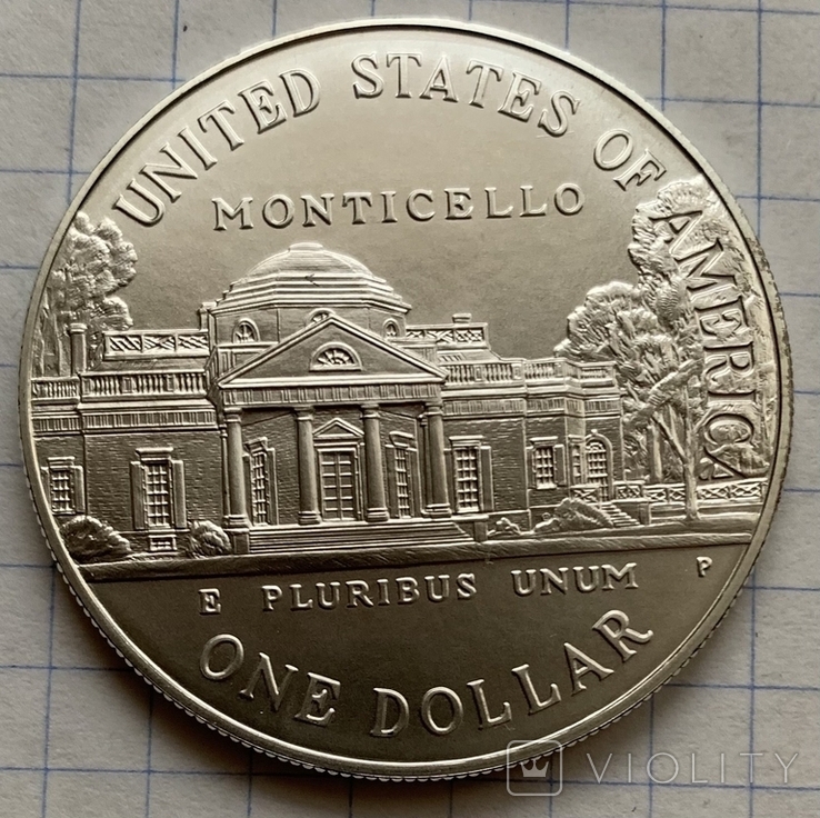 Монета 1 доллар 1993 года. 250-летие Томаса Джефферсона. Серебро 900, вес 26,55 грамм, photo number 3