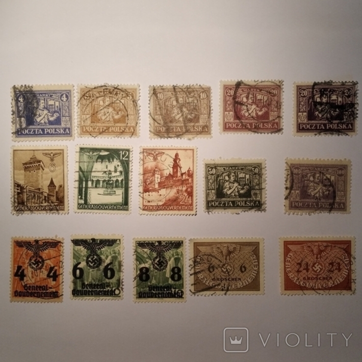 Почтовые марки Польши, 15 шт, 20-е, 40-е гг. Надпечатка времен Немецкой оккупации.