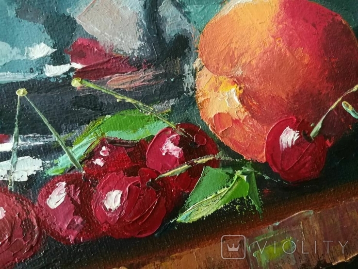 Мастихиновая живопись, Натюрморт с персиками и черешней, картина м/х с подрамником 35х45, фото №5