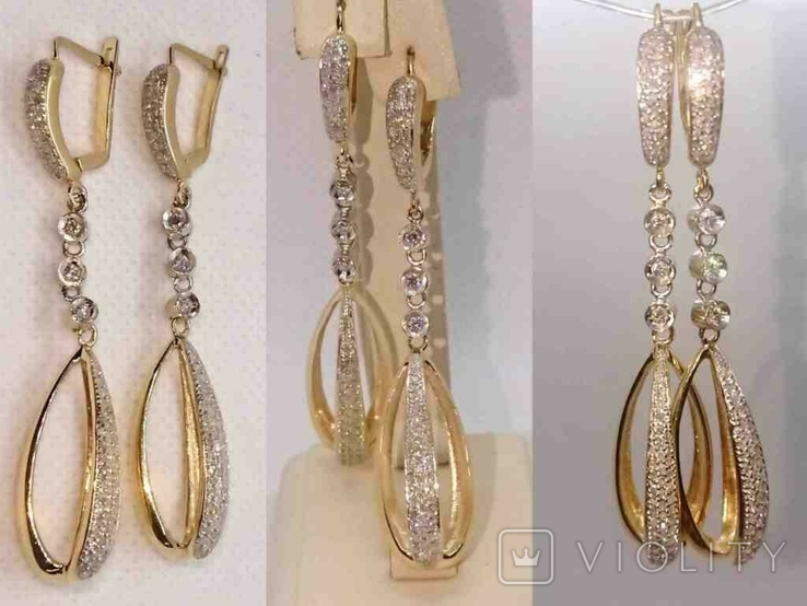 Золотые серьги висячие длинные бриллиант діамант золото 585, фото №2