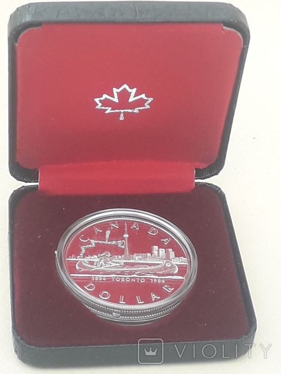 1 доллар, Канада, 1984 г., 150 лет городу Торонто, серебро, в родном футляре, фото №2