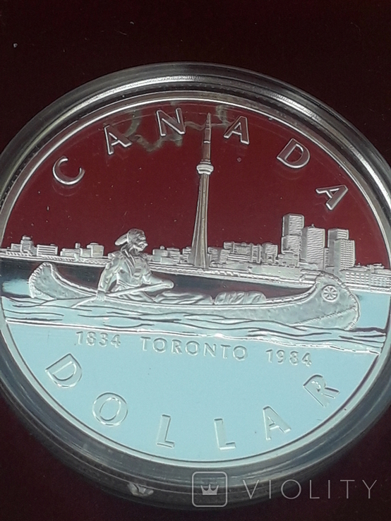 1 доллар, Канада, 1984 г., 150 лет городу Торонто, серебро, в родном футляре, фото №3