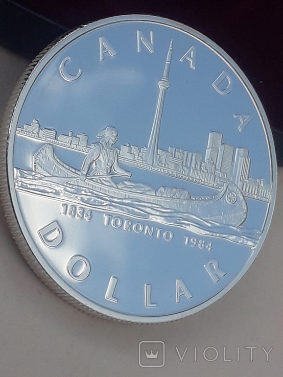 1 доллар, Канада, 1984 г., 150 лет городу Торонто, серебро, в родном футляре, фото №5