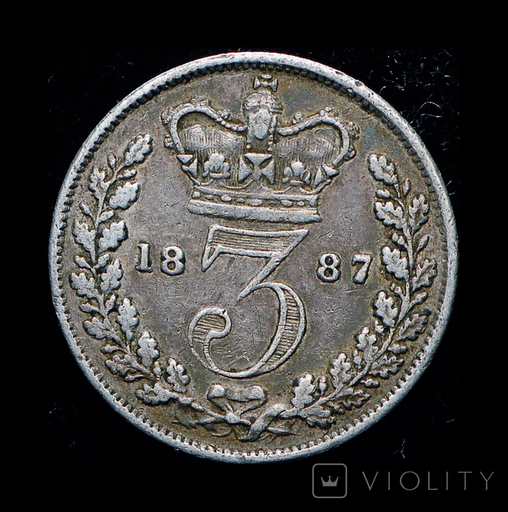 Великобритания 3 пенса 1887 серебро молодая голова, фото №2