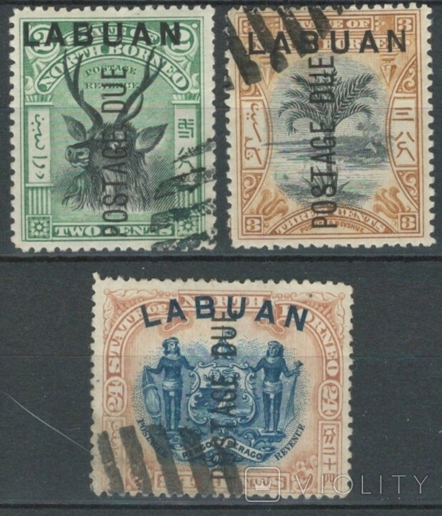 Ат27 Брит. колонии. Лабуан 1901, доплатные марки №№ 1-2 и 9