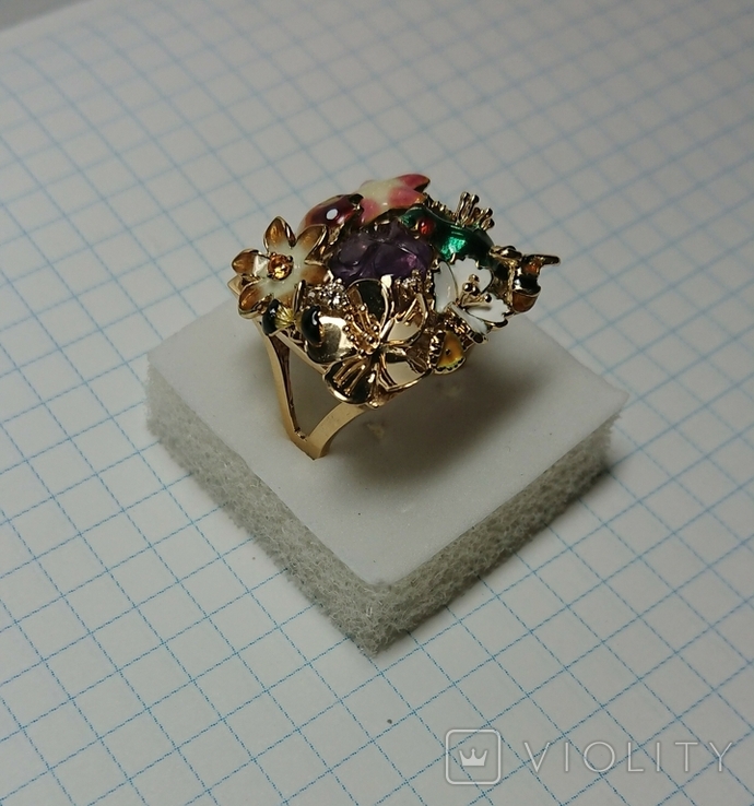 Золотое кольцо с бриллиантами 0.07 ct - 3/3, аметистом, цитрином, эмалями.