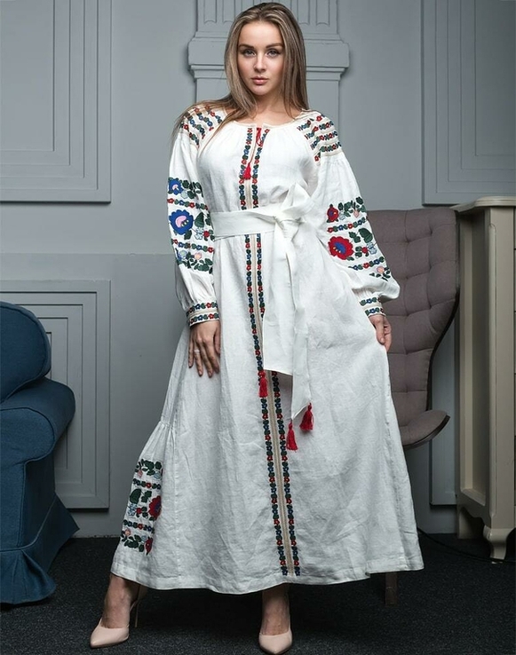 Сукня вишита жіноча 'Борщівські барви' льон білий, фото №3