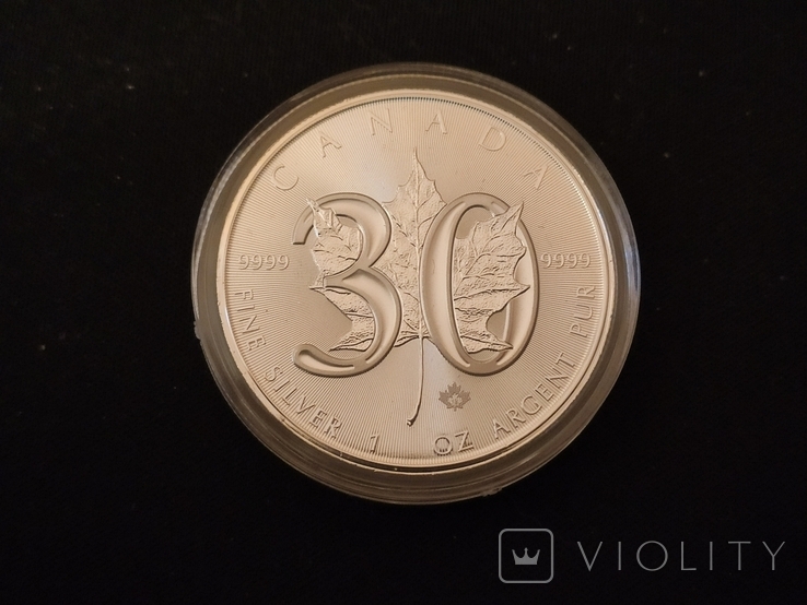 Кленовый лист 30 лет 2018 г. Юбилейная серебряная монета Канады, фото №2