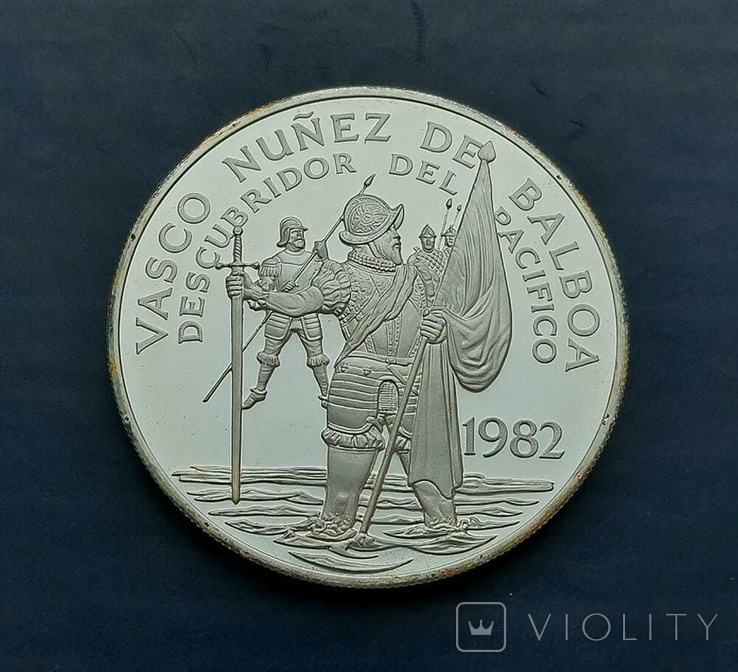 Серебряные 20 бальбоа, 1982 г., (122,0 г; 0.500 проба); Панама, "Васко Нуньес де Бальбоа", photo number 2