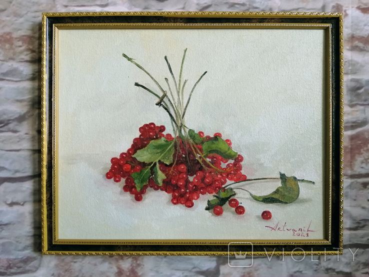 Painting "Kislinka", canvas on cardboard, 30x24, still life, viburnum.