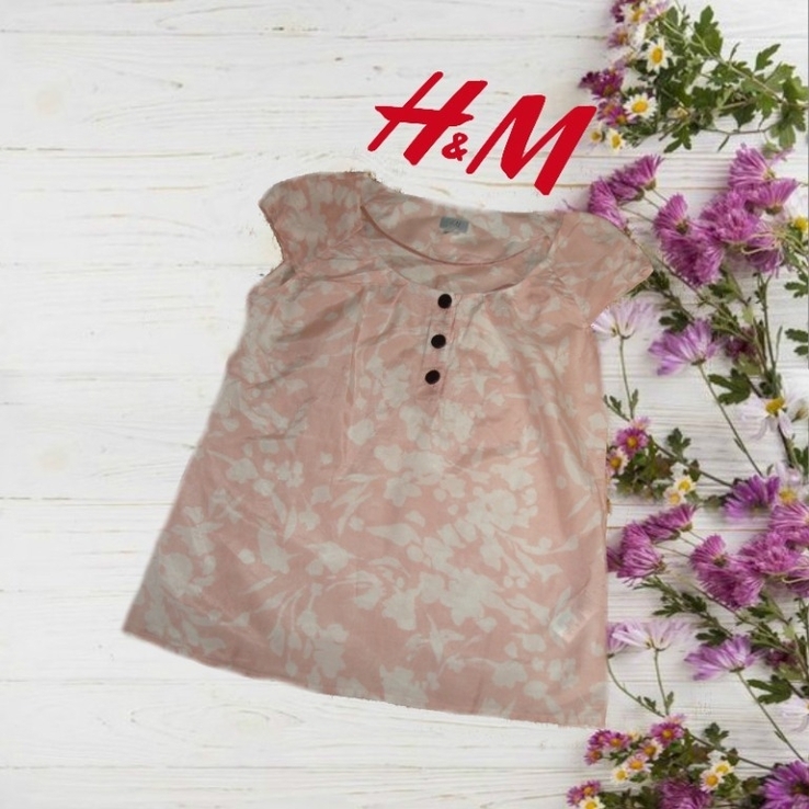 H M хлопок+шелк Красивая стильная женская футболка цвет пудра в принт, фото №3