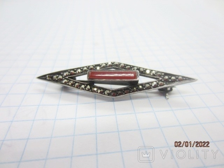 Brooch silver 925 marcasite with carnelian vintage, photo number 3